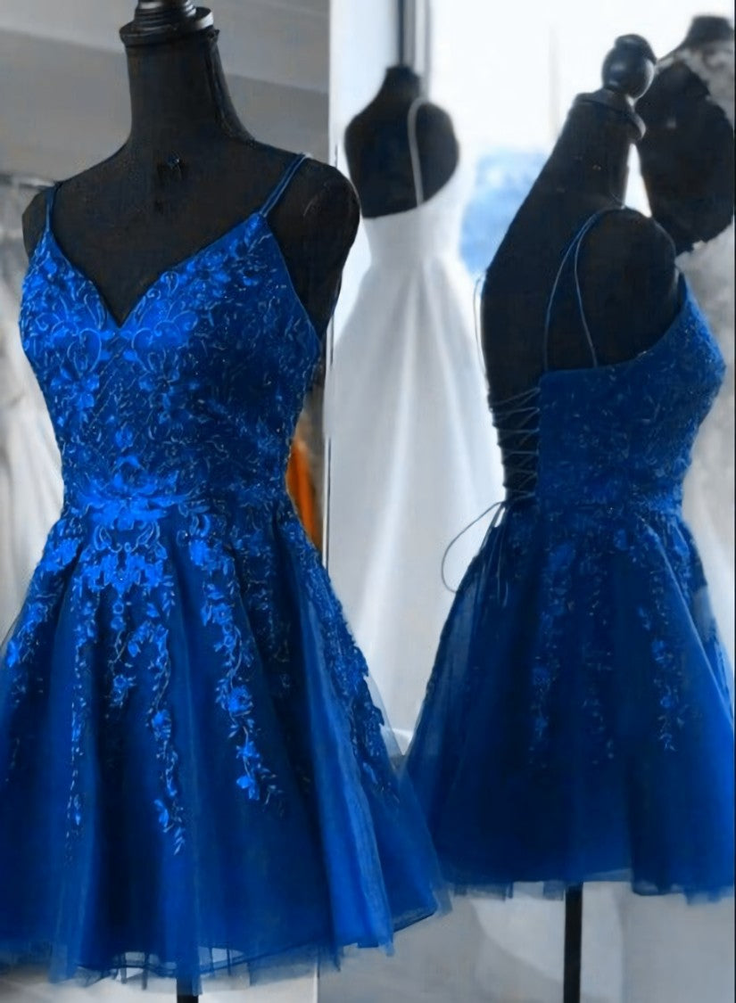 Evening Dresses Gown, Blue Tulle with Lace Straps Short Homecoming Dress, V-neckline Blue Prom Dresses
