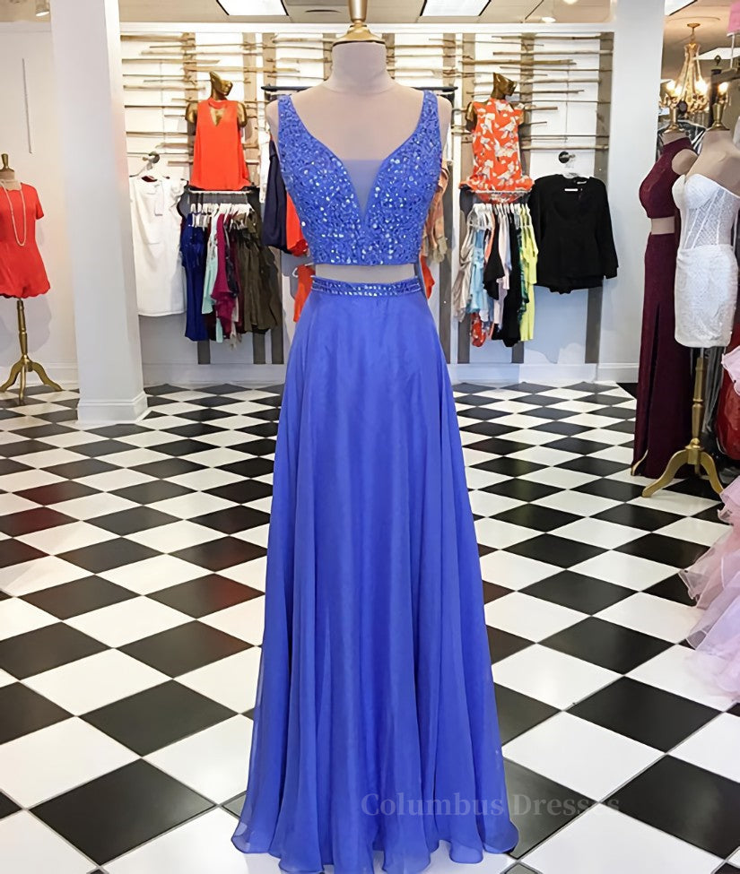 Indian Wedding Dress, Blue two pieces beads long prom dress, blue evening dress