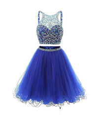 Party Dress Short Clubwear, Blue two pieces tulle sequin beads short prom dress, blue homecoming