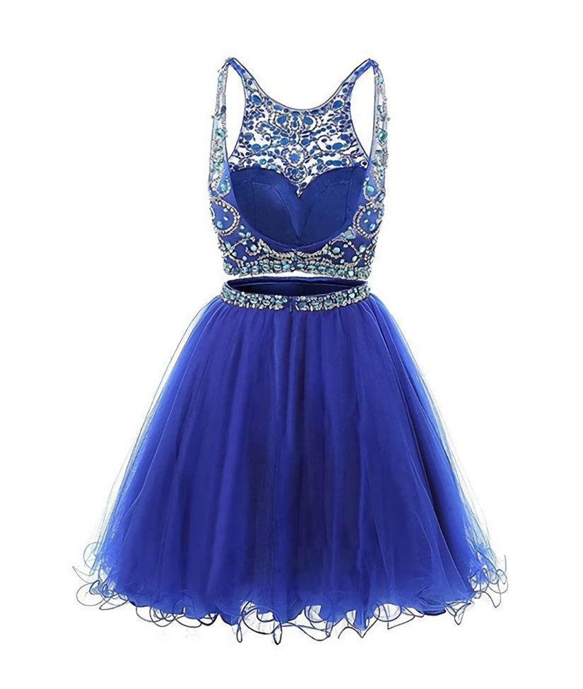 Party Dress Miami, Blue two pieces tulle sequin beads short prom dress, blue homecoming