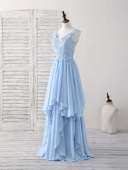 Bridesmaids Dresses Neutral, Blue V Neck Applique Chiffon Long Prom Dress Lace Bridesmaid Dress