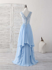 Bridesmaid Dress Neutral, Blue V Neck Applique Chiffon Long Prom Dress Lace Bridesmaid Dress
