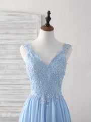 Bridesmaid Dresses Mismatched Spring, Blue V Neck Applique Chiffon Long Prom Dress Lace Bridesmaid Dress