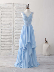 Bridesmaid Dress Dark, Blue V Neck Applique Chiffon Long Prom Dress Lace Bridesmaid Dress