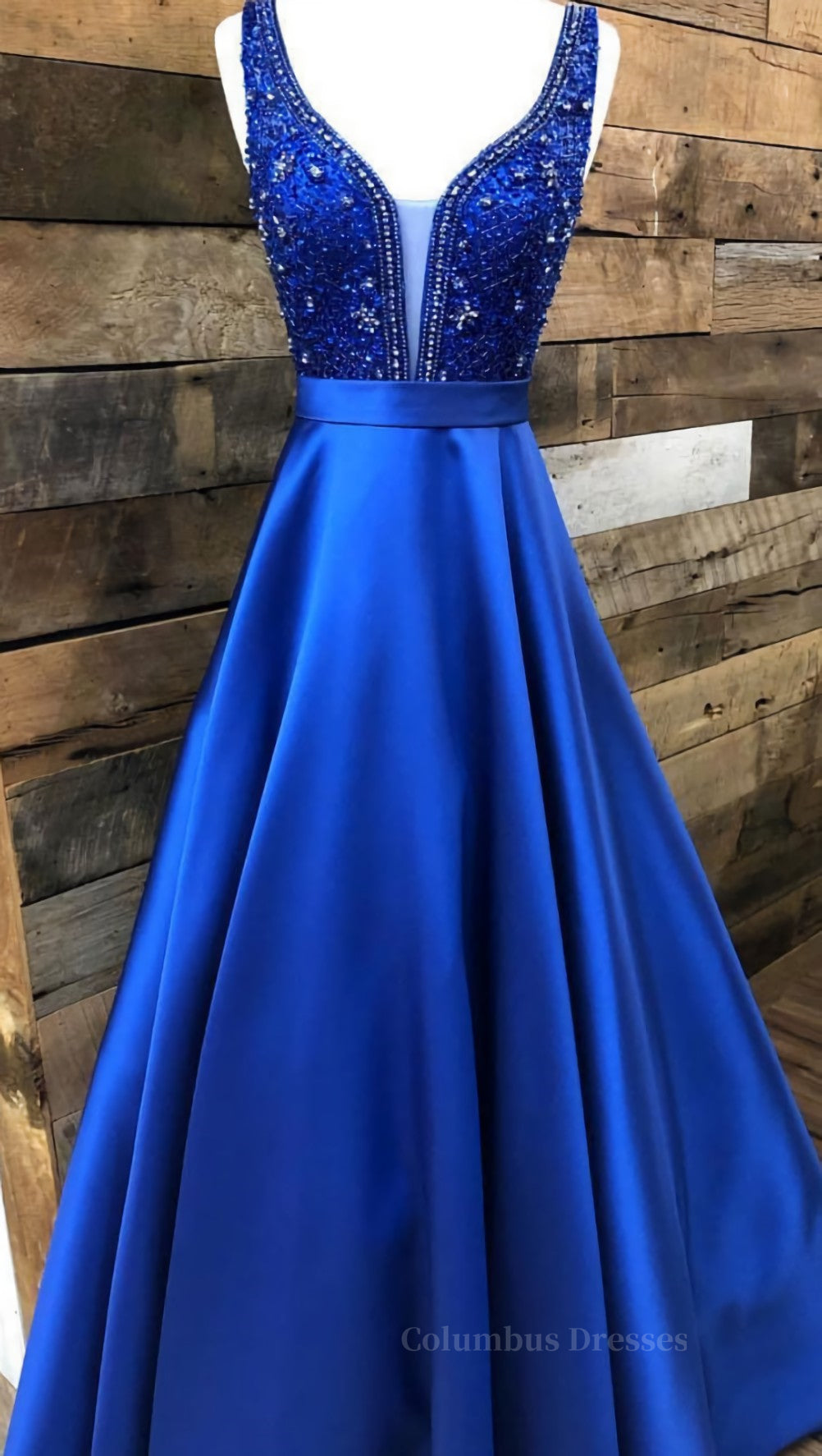Cute Dress Outfit, Blue v neck beads satin long prom dress, blue evening dress