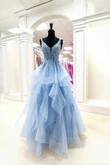 Prom Dress Shop, Blue V-Neck Lace Long Prom Dress, Blue Tulle Layers Formal Evening Dress