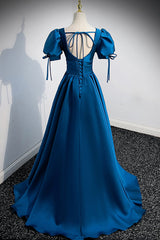 Evening Dresses Velvet, Blue V-Neck Satin Long Prom Dress, A-Line Short Sleeve Evening Dress