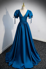 Evening Dress Long Sleeve Maxi, Blue V-Neck Satin Long Prom Dress, A-Line Short Sleeve Evening Dress