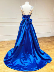 Homecoming Dresses Red, Blue v neck satin long prom dress,  blue evening dress