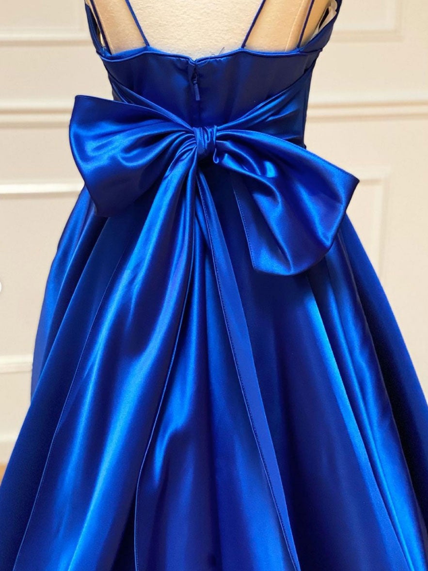 Homecoming Dress Classy, Blue v neck satin long prom dress,  blue evening dress