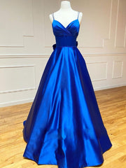 Homecoming Dresses Freshman, Blue v neck satin long prom dress,  blue evening dress