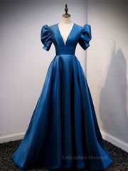 Bridesmaid Dresses Emerald Green, Blue v neck satin long prom dress blue satin evening dress