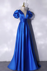 Fancy Outfit, Blue V-Neck Satin Long Prom Dress, Simple Blue Evening Party Dress
