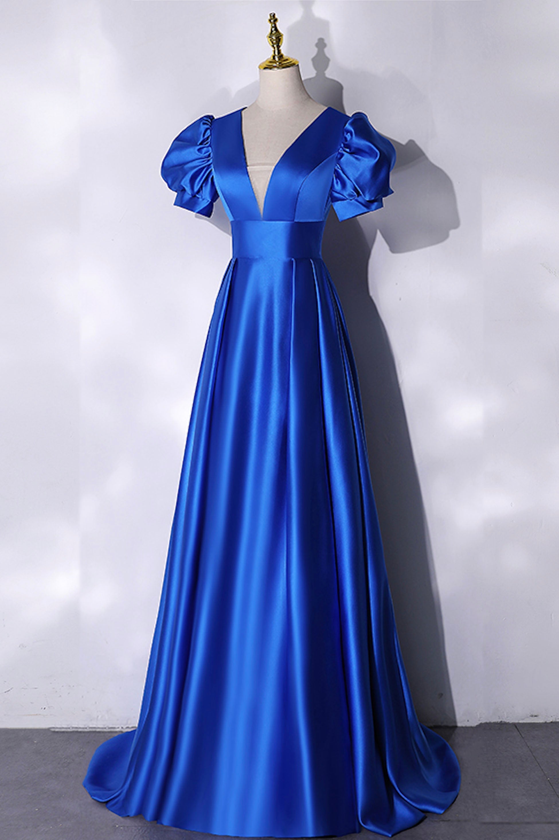 Party Dress Midi With Sleeves, Blue V-Neck Satin Long Prom Dress, Simple Blue Evening Party Dress