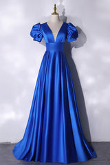 Dinner Dress Classy, Blue V-Neck Satin Long Prom Dress, Simple Blue Evening Party Dress