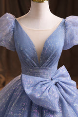 Prom Dresses 2026 Long, Blue V-Neck Shiny Tulle Long Prom Dress, A-Line Short Sleeve Formal Dress