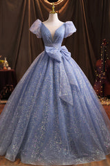 Prom Dresses Ball Gown Elegant, Blue V-Neck Shiny Tulle Long Prom Dress, A-Line Short Sleeve Formal Dress