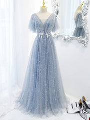 Garden Wedding, Blue v neck tulle beads long prom dress, blue tulle formal dress