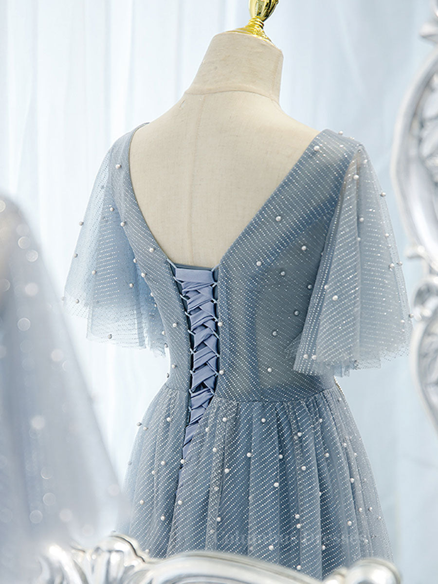 Mermaid Wedding Dress, Blue v neck tulle beads long prom dress, blue tulle formal dress