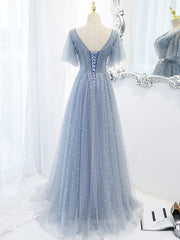 Wedding Photo Ideas, Blue v neck tulle beads long prom dress, blue tulle formal dress