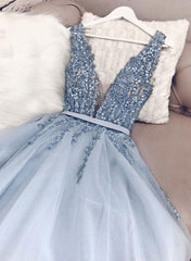 Bridesmaid Dress Lavender, Blue v neck tulle beads long prom dress, evening dress