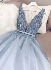 Bridesmaids Dresses Floral, Blue v neck tulle beads long prom dress, evening dress