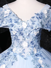 Bridesmaides Dresses Long, Blue V Neck Tulle Lace Long Formal Prom Dresses. Blue Sweet 16 Dresses