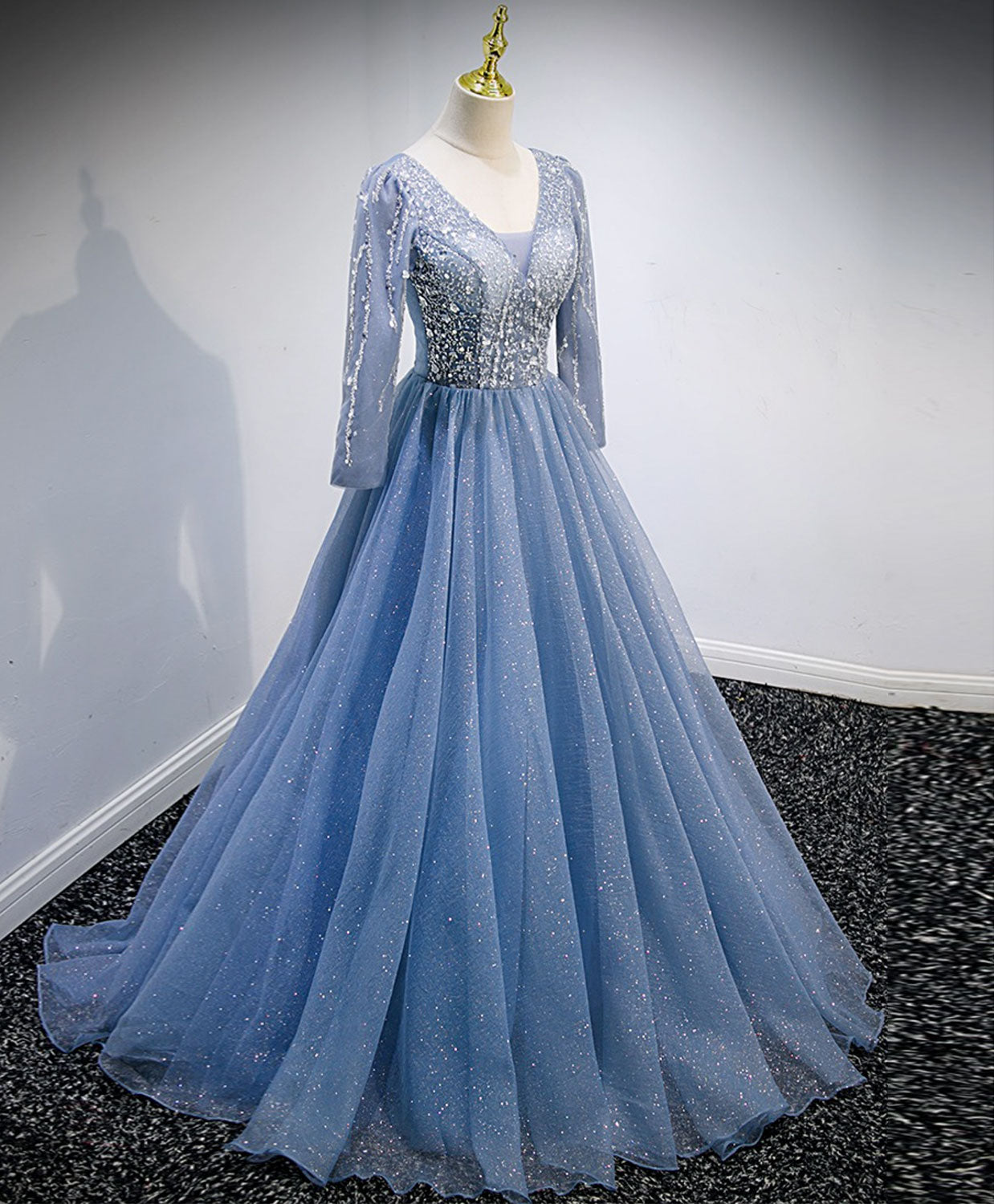 Prom Dress Blush, Blue V Neck Tulle Lace Long Prom Dress, Blue Evening Dress with Sequin Beading