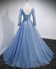 Prom Dresses Blushes, Blue V Neck Tulle Lace Long Prom Dress, Blue Evening Dress with Sequin Beading