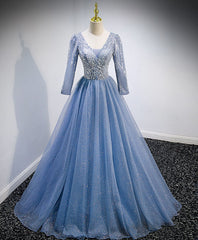 Prom Dresses Dark Blue, Blue V Neck Tulle Lace Long Prom Dress, Blue Evening Dress with Sequin Beading