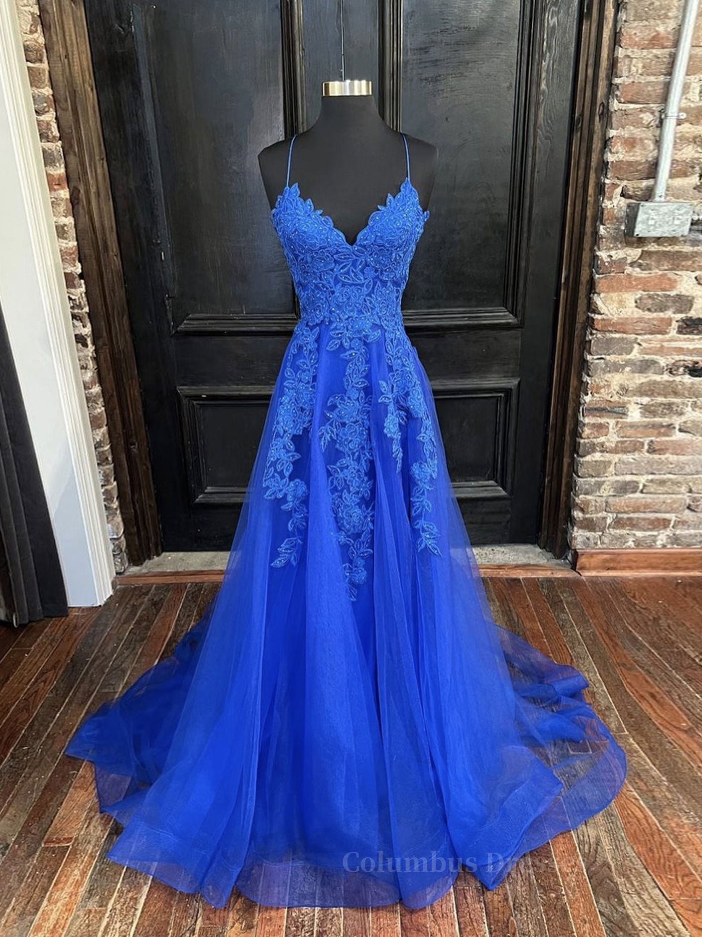 Party Dress Style, Blue v neck tulle lace long prom dress, blue lace bridesmaid dress