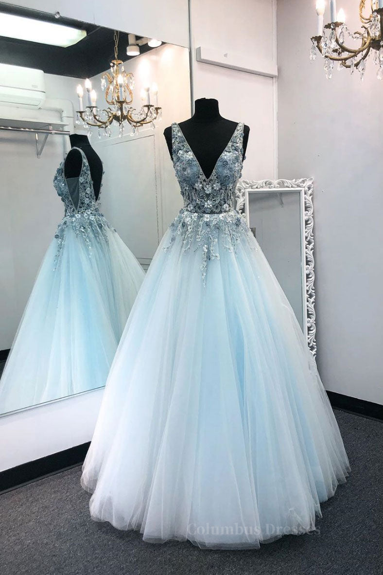 Prom Dress Long Ball Gown, Blue v neck tulle lace long prom dress blue tulle formal dress