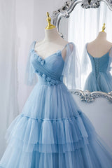 Prom Dress Under 203, Blue V-Neck Tulle Long Prom Dress, A-Line Evening Party Dress