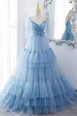 Prom Dresses 2023, Blue V-Neck Tulle Long Prom Dress, A-Line Evening Party Dress