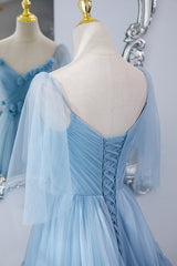 Prom Dresses Ideas, Blue V-Neck Tulle Long Prom Dress, A-Line Evening Party Dress