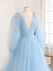 Bridesmaid Dresses Long Sleeves, Blue V-Neck Tulle Long Prom Dress, A-Line Long Sleeve Evening Dress