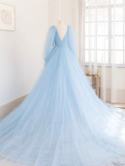 Bridesmaid Dresses Long Sleeve, Blue V-Neck Tulle Long Prom Dress, A-Line Long Sleeve Evening Dress