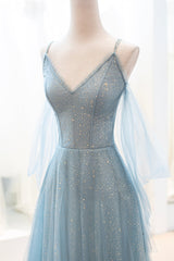 Bridesmaid Dresses Mismatched Winter, Blue V-Neck Tulle Long Prom Dress, A-Line Spaghetti Strap Evening Dress