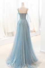 Beach Wedding, Blue V-Neck Tulle Long Prom Dress, A-Line Spaghetti Strap Evening Dress
