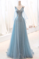 Bridal Shower Games, Blue V-Neck Tulle Long Prom Dress, A-Line Spaghetti Strap Evening Dress