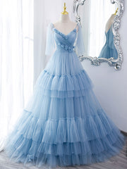 Cute Prom Dress, Blue v neck tulle long prom dress, blue tulle formal dress