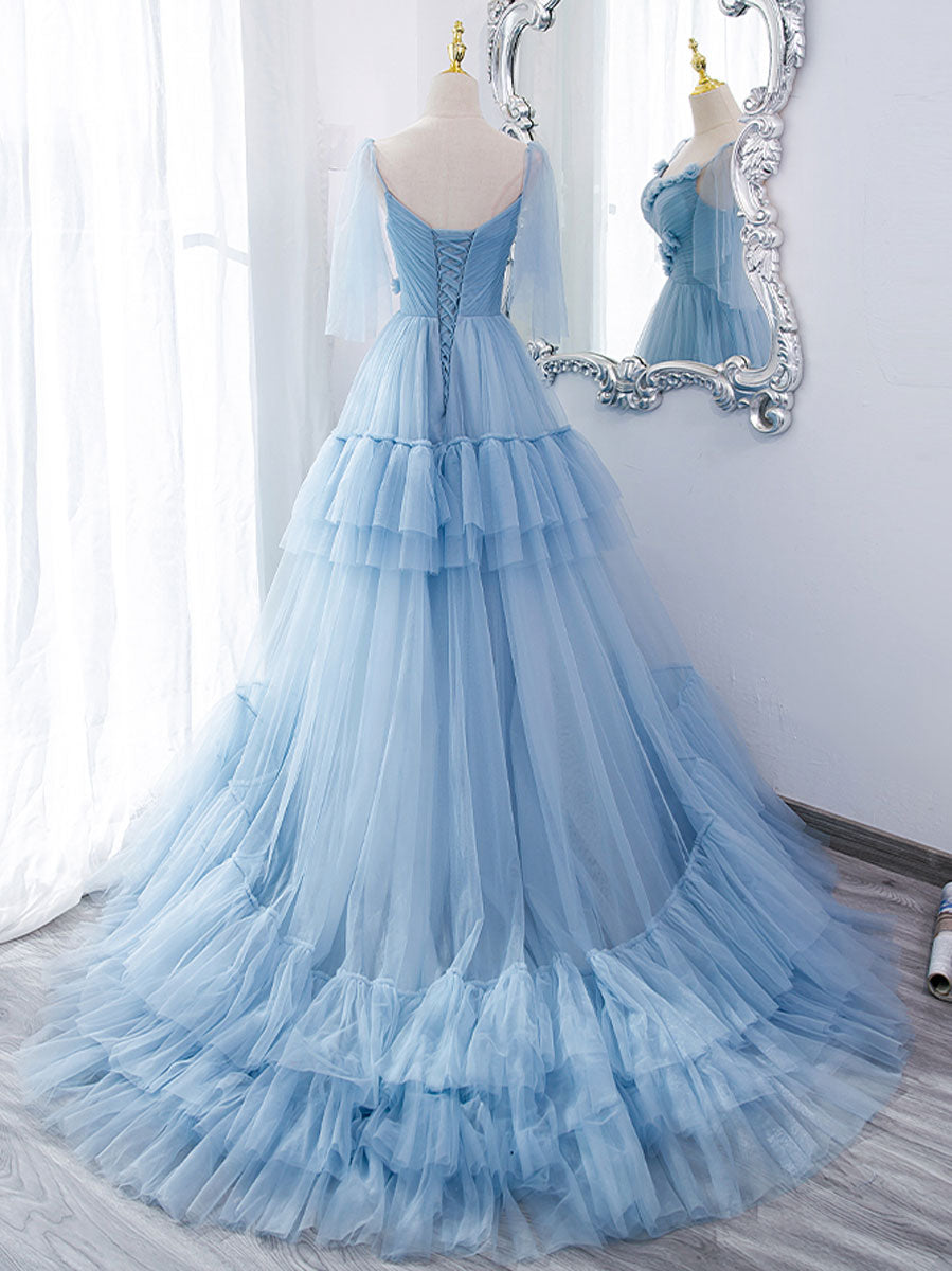 Wedding Guest, Blue v neck tulle long prom dress, blue tulle formal dress