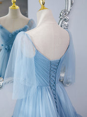 Sequin Dress, Blue v neck tulle long prom dress, blue tulle formal dress