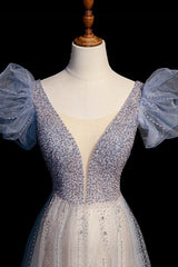 Formall Dresses Short, Blue V-Neck Tulle Long Prom Dress with Beaded, Elegant A-Line Formal Evening Dress