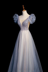 Formal Dress Fall, Blue V-Neck Tulle Long Prom Dress with Beaded, Elegant A-Line Formal Evening Dress