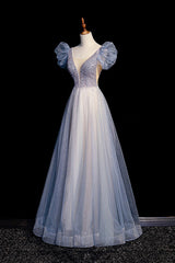 Formal Dresses Fall, Blue V-Neck Tulle Long Prom Dress with Beaded, Elegant A-Line Formal Evening Dress