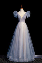 Formals Dresses Short, Blue V-Neck Tulle Long Prom Dress with Beaded, Elegant A-Line Formal Evening Dress