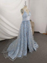 Formal Dresses For Winter Wedding, Blue V Neck Tulle Sequin Long Prom Dress, Blue Aline Formal Graduation Dress