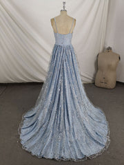 Formal Dresses For Fall Wedding, Blue V Neck Tulle Sequin Long Prom Dress, Blue Aline Formal Graduation Dress