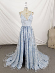 Formal Dresses Over 44, Blue V Neck Tulle Sequin Long Prom Dress, Blue Aline Formal Graduation Dress